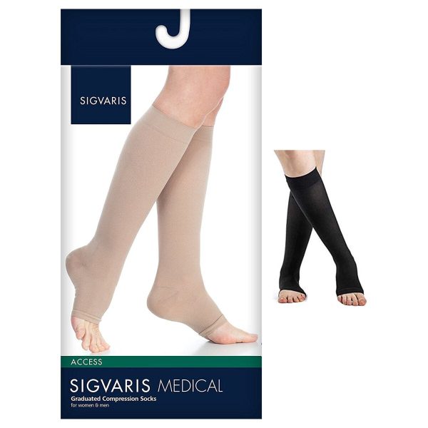 Sigvaris Dynaven Compression Stocking, Calf, Open Toe, 20 to 30mmHg, Unisex, Large, Long, Black Supply